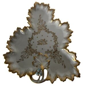 MCM Vintage White RPM Gold Glit Scroll Trimmed Leaf Dish Painted Blue Victorian